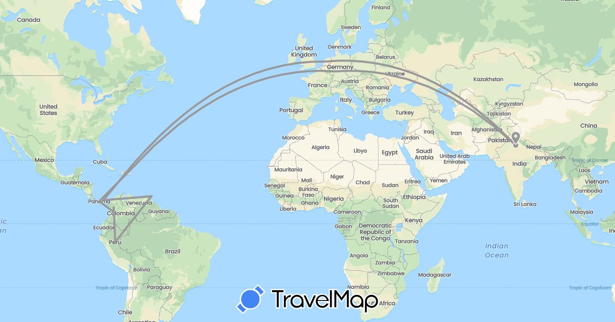 TravelMap itinerary: driving, plane in Colombia, Germany, Dominican Republic, India, Netherlands, Panama, Peru, Trinidad and Tobago (Asia, Europe, North America, South America)